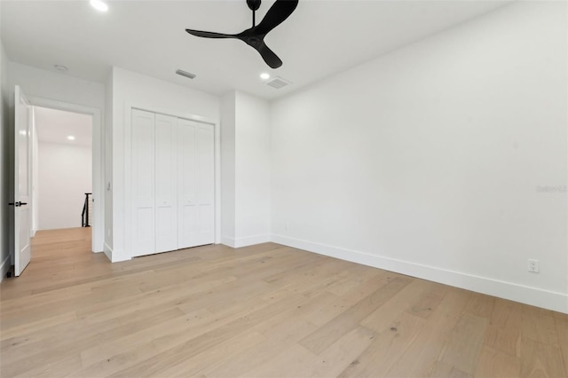 3817 W San Nicholas St, Tampa, FL 33629 - unfurnished bedroom with light wood-type flooring, baseboards, a closet, recessed lighting, and ceiling fan
