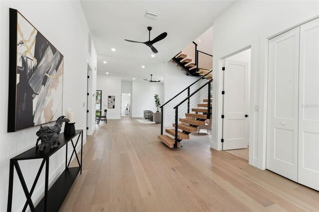 3817 W San Nicholas St, Tampa, FL 33629 - entryway featuring a ceiling fan, stairs, light wood-style flooring, and recessed lighting