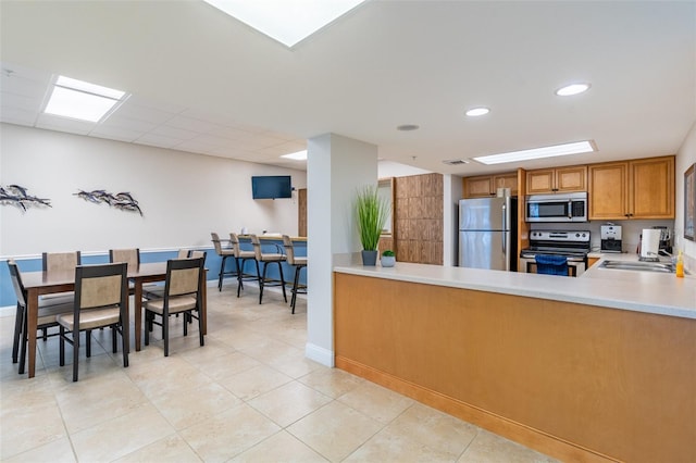 80 Rogers St Unit 6D, Clearwater, FL 33756 - kitchen featuring stainless steel appliances, a sink, brown cabinetry, light countertops, and a peninsula