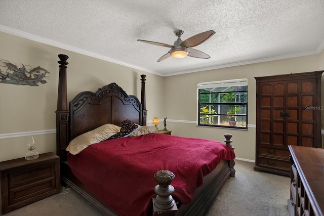 8737 Beaver Ln, Port Richey, FL 34668 - bedroom featuring carpet, a textured ceiling, crown molding, and a ceiling fan