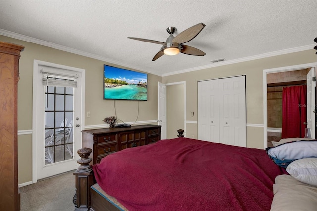 8737 Beaver Ln, Port Richey, FL 34668 - bedroom featuring ornamental molding, carpet flooring, a textured ceiling, a ceiling fan, and a closet