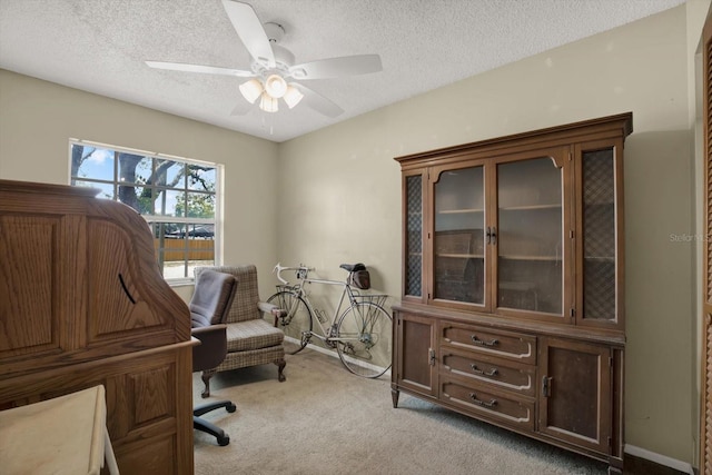 8737 Beaver Ln, Port Richey, FL 34668 - home office with light colored carpet, a ceiling fan, and a textured ceiling