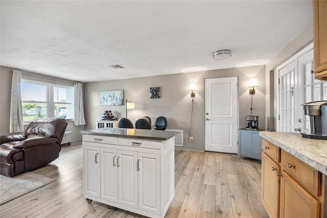 kitchen featuring open floor plan, a kitchen island, and light wood-style floors