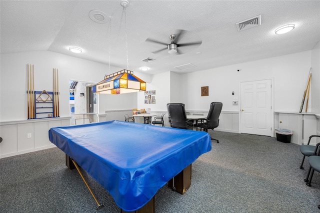 1100 E Bay Dr Unit 60, Largo, FL 33770 - rec room featuring a textured ceiling, carpet floors, a ceiling fan, billiards table, and vaulted ceiling
