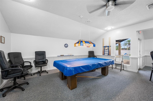 1100 E Bay Dr Unit 60, Largo, FL 33770 - recreation room with lofted ceiling, carpet flooring, a textured ceiling, wainscoting, and pool table