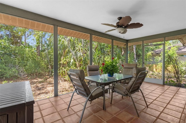sunroom / solarium featuring ceiling fan, outdoor dining space, and healthy amount of natural light
