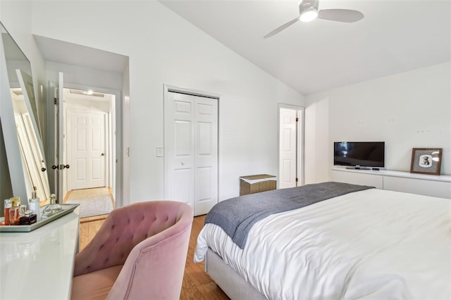3205 W De Leon St Unit F, Tampa, FL 33609 - bedroom with vaulted ceiling, wood finished floors, a closet, and ceiling fan