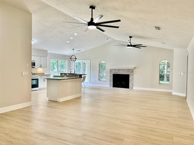 607 NE 10th Blvd, Williston, FL 32696 - unfurnished living room with a ceiling fan, light wood-style floors, baseboards, vaulted ceiling, and a fireplace