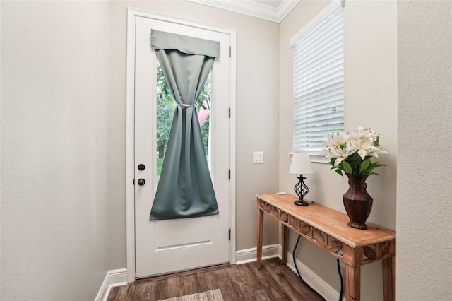 doorway to outside with dark wood-type flooring, ornamental molding, baseboards, and plenty of natural light