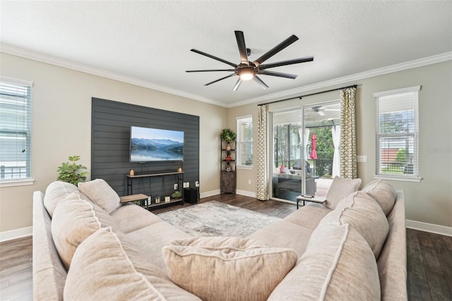 living room featuring a ceiling fan, ornamental molding, baseboards, wood finished floors, and a textured ceiling