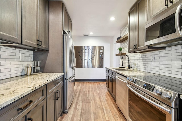 233 24th St N, Saint Petersburg, FL 33713 - kitchen with stainless steel appliances, a sink, open shelves, decorative backsplash, and light wood-type flooring