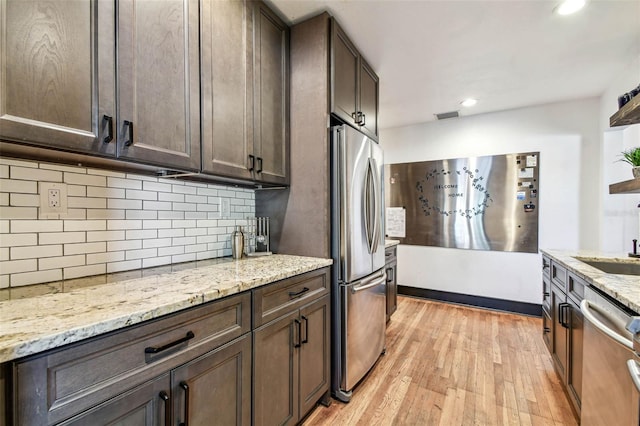 233 24th St N, Saint Petersburg, FL 33713 - kitchen with appliances with stainless steel finishes, dark brown cabinets, light wood-style flooring, decorative backsplash, and light stone counters