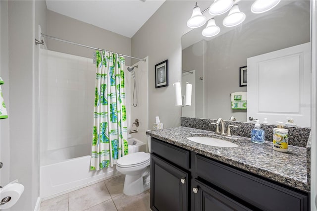 bathroom with shower / bath combo, toilet, tile patterned flooring, and vanity