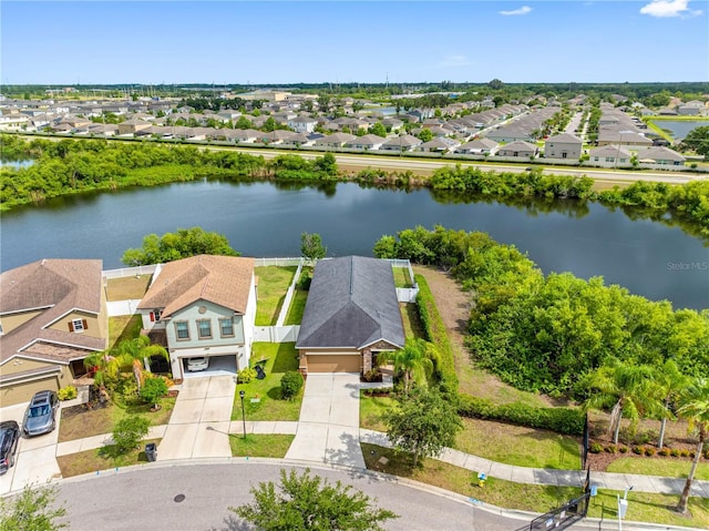 aerial perspective of suburban area with a nearby body of water