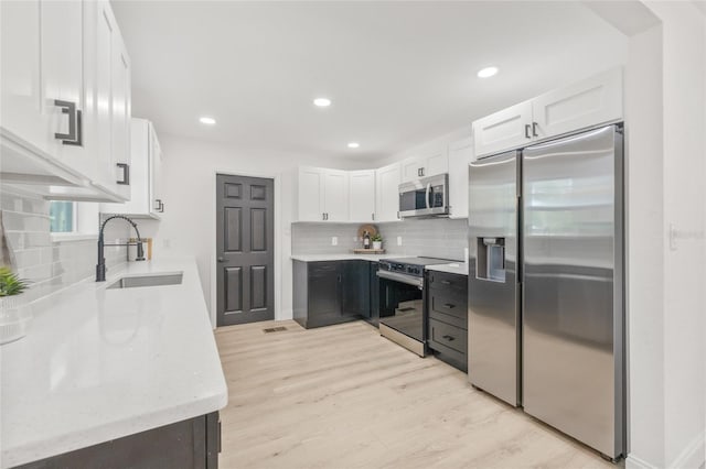 7 Hamilton Heath Dr, Tampa, FL 33604 - kitchen featuring appliances with stainless steel finishes, a sink, backsplash, white cabinets, and light wood-type flooring