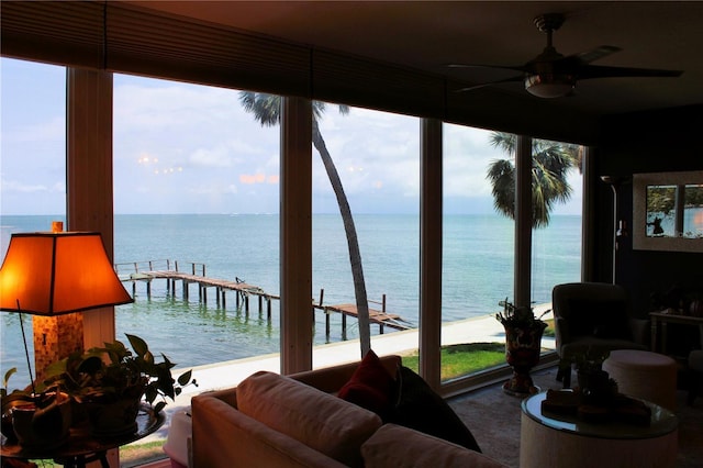 sunroom with a water view