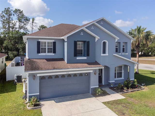view of front of home with central AC unit, an attached garage, concrete driveway, stucco siding, and roof with shingles