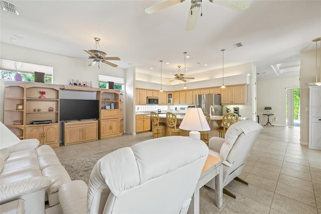 7206 River Country Dr, Weeki Wachee, FL 34607 - living room featuring ceiling fan, light tile patterned floors, recessed lighting, and baseboards