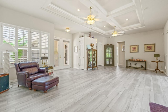 7206 River Country Dr, Weeki Wachee, FL 34607 - sitting room with ceiling fan, plenty of natural light, coffered ceiling, light wood-style floors, and baseboards