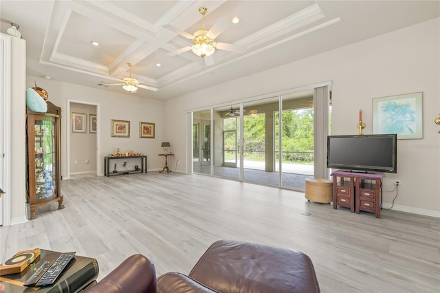 7206 River Country Dr, Weeki Wachee, FL 34607 - living room with ceiling fan, baseboards, coffered ceiling, wood finished floors, and beam ceiling