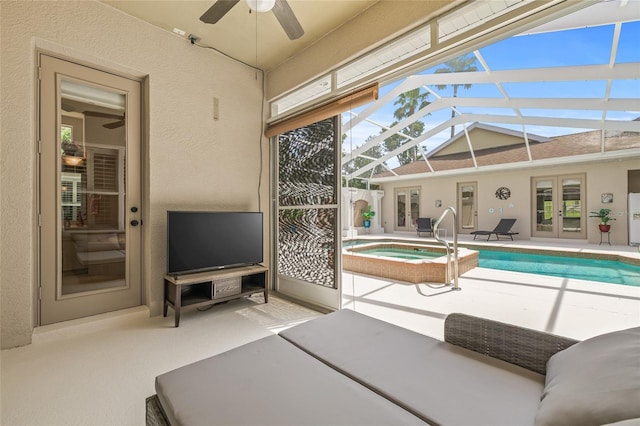 7206 River Country Dr, Weeki Wachee, FL 34607 - sunroom featuring french doors, a hot tub, vaulted ceiling, and a swimming pool