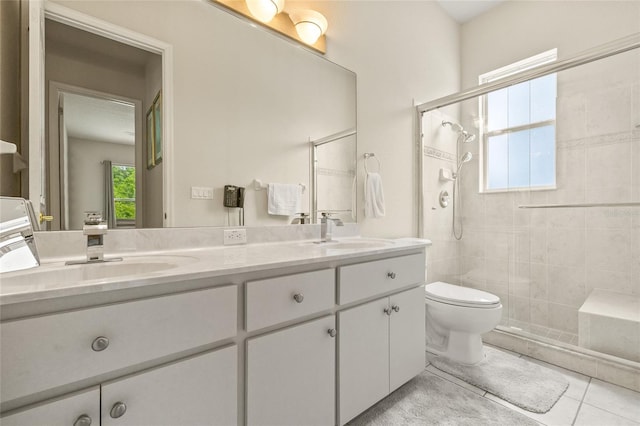 7206 River Country Dr, Weeki Wachee, FL 34607 - full bathroom featuring a shower stall, double vanity, toilet, and tile patterned flooring