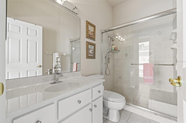 7206 River Country Dr, Weeki Wachee, FL 34607 - full bathroom featuring toilet, vanity, a stall shower, and tile patterned flooring