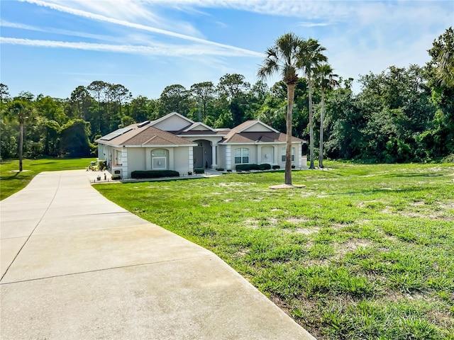 7206 River Country Dr, Weeki Wachee, FL 34607 - ranch-style house featuring concrete driveway, a front lawn, stucco siding, and view of wooded area