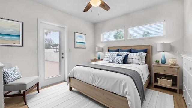 281 44th Ave, St Pete Beach, FL 33706 - bedroom with access to outside, light wood-style flooring, and ceiling fan