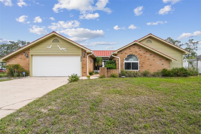 ranch-style house with brick siding, a garage, a front yard, and concrete driveway