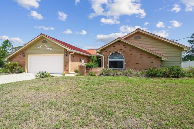 view of front facade featuring brick siding, a garage, a front lawn, and driveway