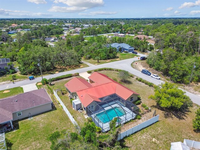 aerial perspective of suburban area with a pool