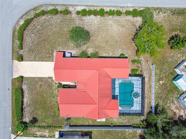 view from above of property featuring a pool