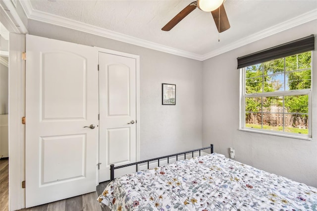 2018 21st St S, Saint Petersburg, FL 33712 - bedroom with wood finished floors, crown molding, and a ceiling fan