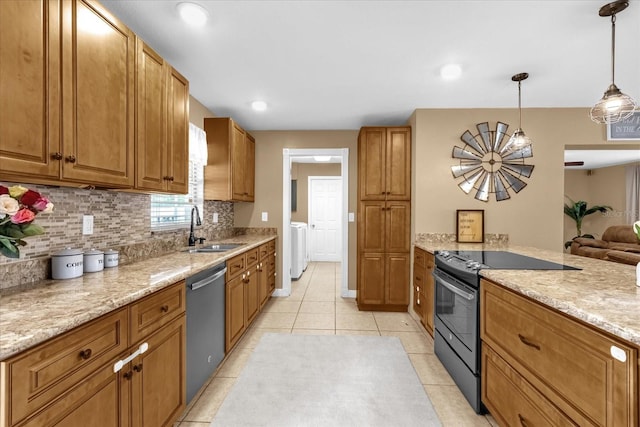 kitchen featuring a sink, stainless steel dishwasher, black electric range oven, backsplash, and brown cabinetry