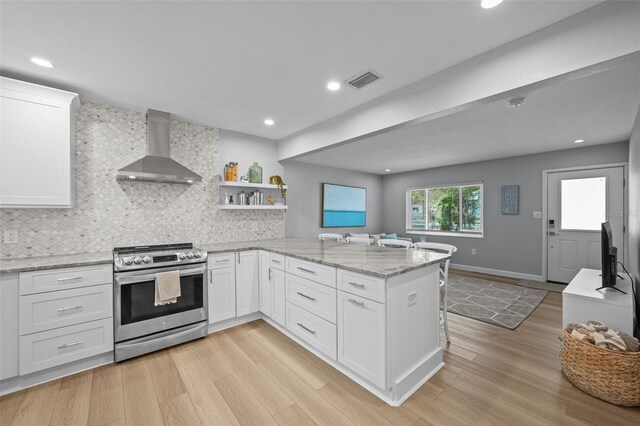 608 Betmor Ln, Palm Harbor, FL 34683 - kitchen featuring electric range, wall chimney range hood, light wood-style flooring, white cabinets, and a peninsula