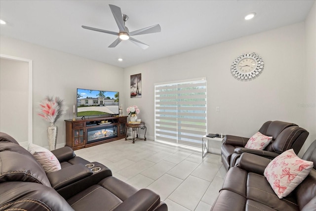 19212 Sunlake Blvd, Lutz, FL 33558 - living area featuring ceiling fan, light tile patterned flooring, and recessed lighting