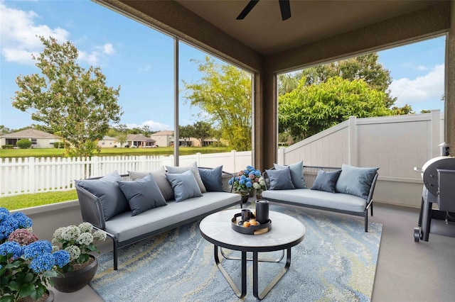 2262 Lune Ct, Melbourne, FL 32904 - view of patio / terrace featuring an outdoor hangout area, a ceiling fan, a fenced backyard, and a water view