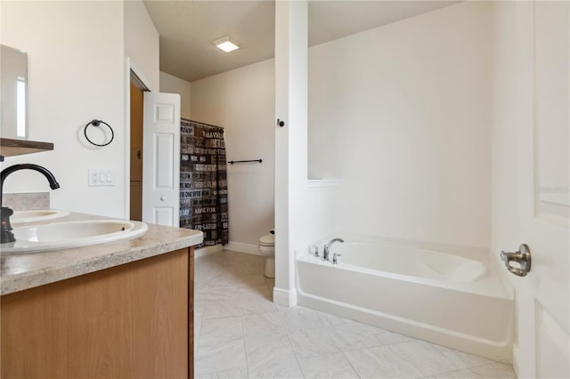 2262 Lune Ct, Melbourne, FL 32904 - full bathroom featuring a bath, double vanity, toilet, marble look tile flooring, and a shower with curtain