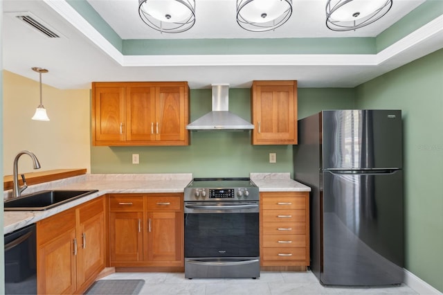 143 Lakeside Dr Unit 143, Oldsmar, FL 34677 - kitchen with stainless steel appliances, wall chimney exhaust hood, a sink, brown cabinetry, and light countertops