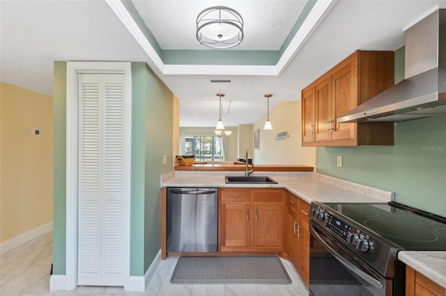 143 Lakeside Dr Unit 143, Oldsmar, FL 34677 - kitchen with black electric range, stainless steel dishwasher, wall chimney range hood, a sink, and brown cabinets