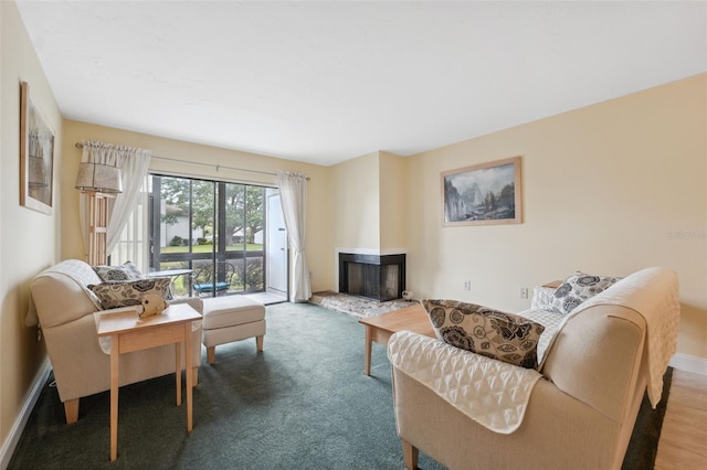 143 Lakeside Dr Unit 143, Oldsmar, FL 34677 - living area with a multi sided fireplace, carpet floors, and baseboards