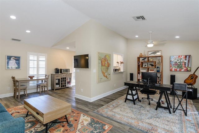 322 Windrush Loop Unit 22, Tarpon Springs, FL 34689 - office area with baseboards, wood finished floors, ceiling fan, recessed lighting, and vaulted ceiling
