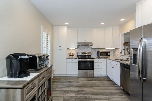 322 Windrush Loop Unit 22, Tarpon Springs, FL 34689 - kitchen featuring appliances with stainless steel finishes, under cabinet range hood, a sink, tasteful backsplash, and white cabinetry
