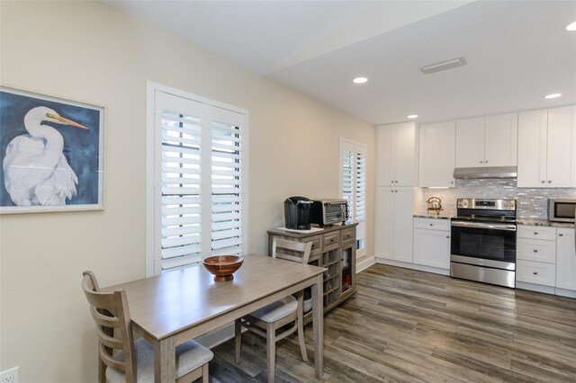 322 Windrush Loop Unit 22, Tarpon Springs, FL 34689 - kitchen with stainless steel appliances, dark wood-style floors, under cabinet range hood, white cabinetry, and tasteful backsplash