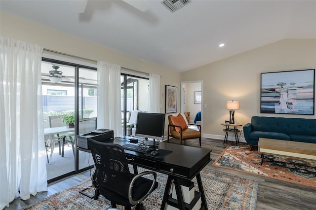 322 Windrush Loop Unit 22, Tarpon Springs, FL 34689 - office area with ceiling fan, lofted ceiling, wood finished floors, and baseboards