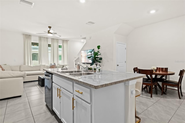 2906 Boxwood Grove Row, Wesley Chapel, FL 33543 - kitchen featuring light tile patterned floors, a sink, open floor plan, a ceiling fan, and recessed lighting