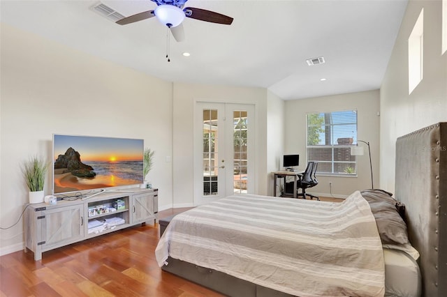 13708 Old Dock Rd, Orlando, FL 32828 - bedroom with french doors, access to outside, baseboards, wood finished floors, and a ceiling fan