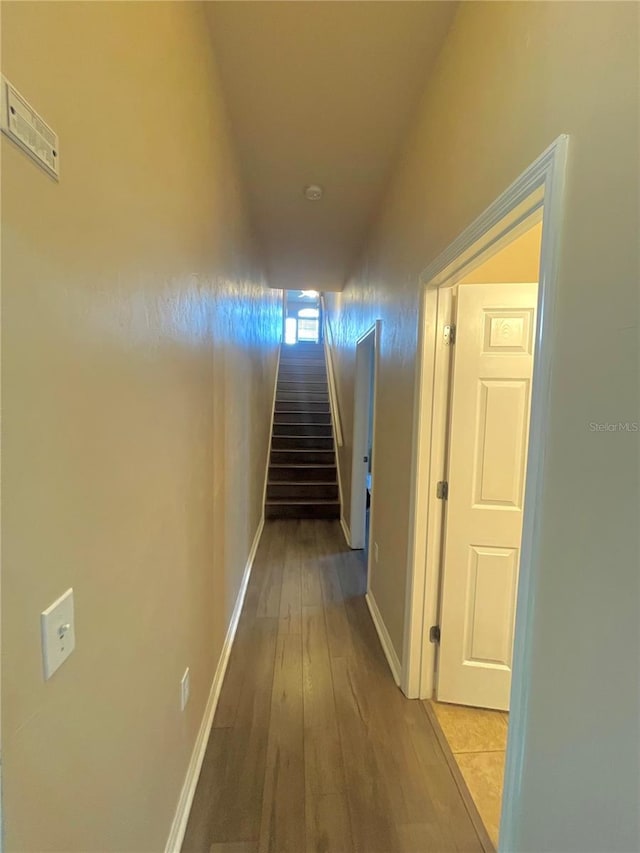 2244 NW 101st St, Gainesville, FL 32606 - hallway featuring hardwood / wood-style flooring, stairs, and baseboards