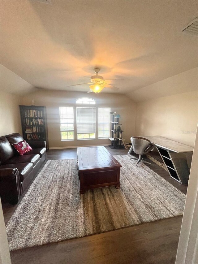 2244 NW 101st St, Gainesville, FL 32606 - living room featuring lofted ceiling, wood finished floors, and ceiling fan